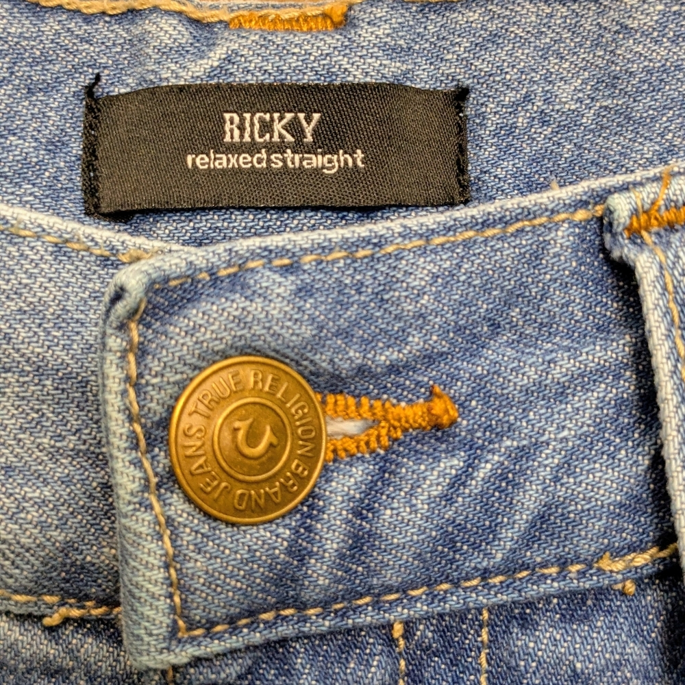 True Religion Mens Jeans Blue 35x32 Ricky Relaxed Straight Distressed  Grunge - Picture 5 of 11